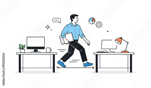 Lateral career movement. Person stepping sideways between two desks or workstations, carrying a laptop. Calm, intentional shift without
