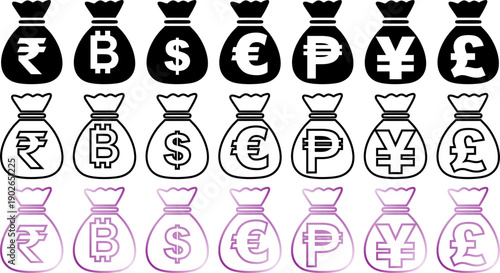 Set of money bags with various currency symbols in three styles.