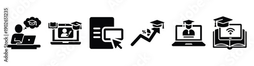 set of minimalist virtual learning content icons. E-learning silhouette vector icon set in black color and white background