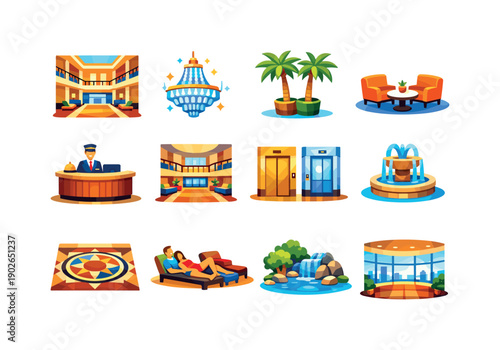 Hotel atrium lobby. Colorful flat vector icons set of hotel atrium lobby: grand lobby space, central chandelier, indoor palm trees, lounge