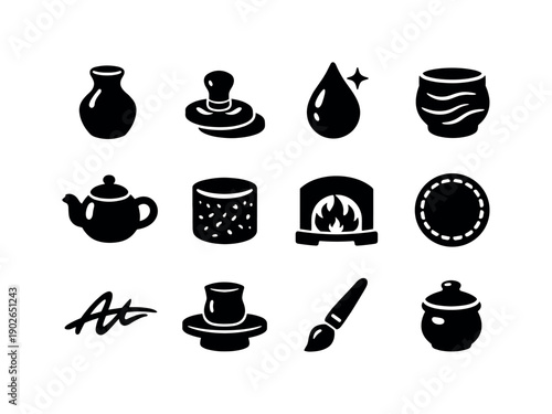 Artisan Ceramics Icons. Artisan Ceramics. Solid icon set of Artisan Ceramics: handcrafted vase, pottery stamp, fine glaze finish, sculpted cup, handmade
