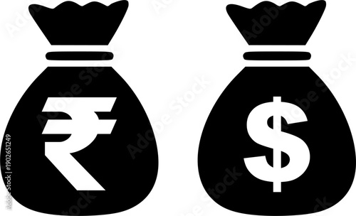 Money bags featuring Rupee and Dollar currency symbols.