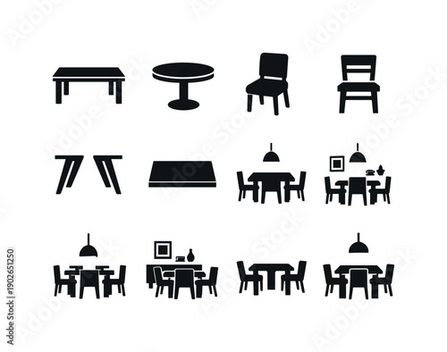modern dining furniture. Solid icon set of modern dining furniture: rectangular table, round table, upholstered chair, wooden chair, metal