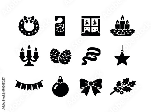 Festive Home Decorations. Solid icon set of Festive Home Decorations: holiday wreath, door hanger, window decoration, table centerpiece,
