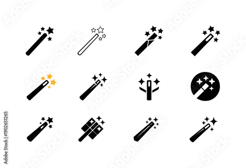 magic tricks. Icon set. Set Logo of magic tricks: magic wand with stars. harmonious logo variations of the same emblematic concept, each with