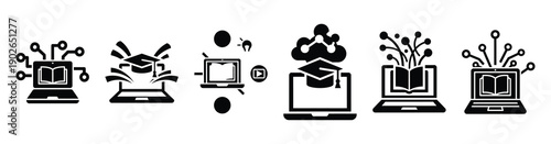 set of minimalist virtual learning digital icons. E-learning silhouette vector icon set in black color and white background