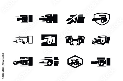 The force of pushing. Icon set. Set Logo of the force of pushing: mechanical piston push. harmonious logo variations of the same emblematic