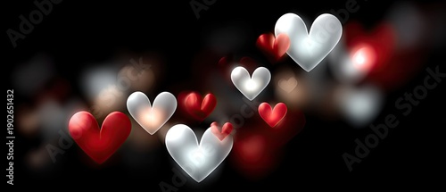 Blurred background with red and white hearts for Valentines Day with new miscellany in the center on a dark backdrop