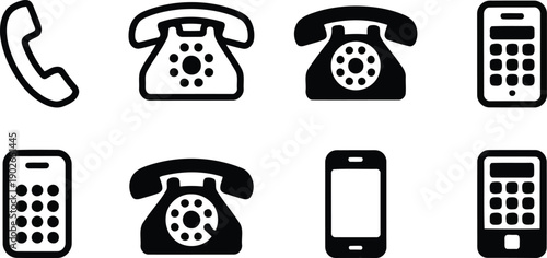 Simple black phone icons on a white ground symbolizing different contact methods and communication