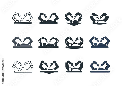 Robot Surgery Logos. Robot-assisted surgery. Icon set. Set Logo of robot-assisted surgery: robotic arms operating on patient. harmonious logo variations of the