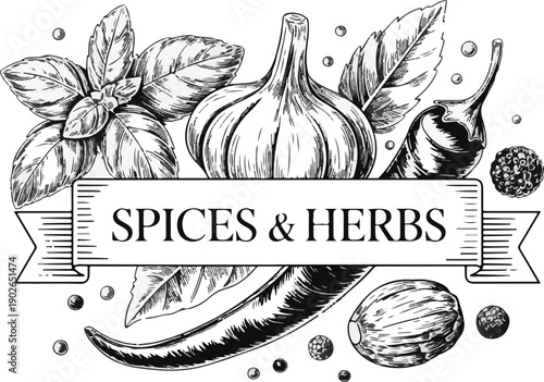 Spices and herbs black and white sketch with banner garlic chili pepper basil and peppercorns for culinary illustration