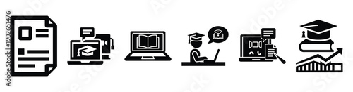 set of minimalist virtual online board icons. E-learning silhouette vector icon set in black color and white background