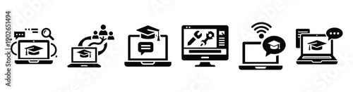 set of minimalist virtual online learning icons. E-learning silhouette vector icon set in black color and white background