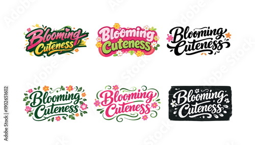Blooming cuteness. Set lettering. harmonious lettering variations of the same emblematic concept, each with different artistic interpretation