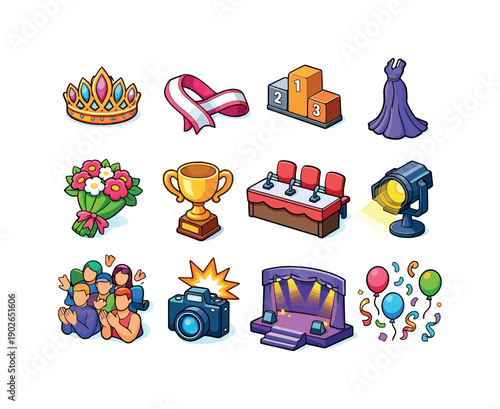 Beauty pageant awards. Colorful isometric vector icons set of beauty pageant awards: pageant crown, sash ribbon, finalist podium, elegant