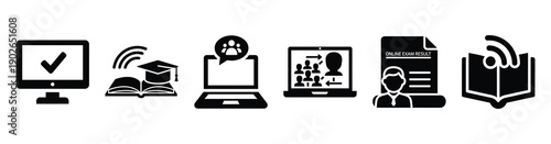 set of minimalist virtual online teaching icons. E-learning silhouette vector icon set in black color and white background