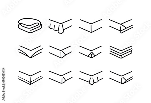 Bedding Corner Detail. Line icon set of Bedding Corner Detail: folded duvet corner, bedspread edge, mattress corner, tucked sheet corner,