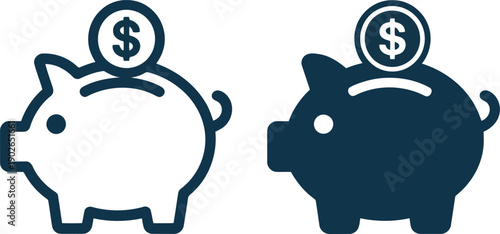 Simple vector illustration showing an outlined and a solid piggy bank with a dollar sign coin