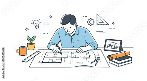 Architectural blueprints. An architect reviewing detailed blueprints spread across a desk, calm focus and professional planning mood. Clean