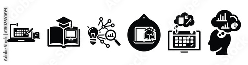 set of minimalist virtual teacher desk icons. E-learning silhouette vector icon set in black color and white background