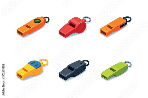 Whistle types. Isometric flat vector icons set of whistle types: survival whistle, lifeguard whistle, hiking emergency whistle, marine safety