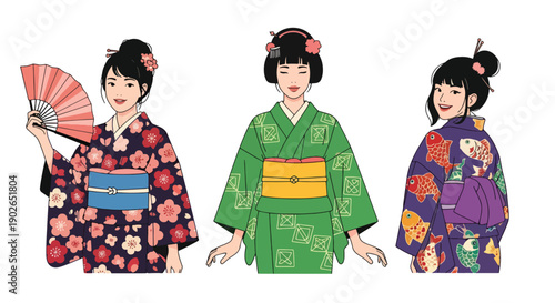 Vector set collections of Japanese women wearing traditional kimono with floral patterns, showing cultural heritage, elegance, and Asian fashion in modern flat vector style
