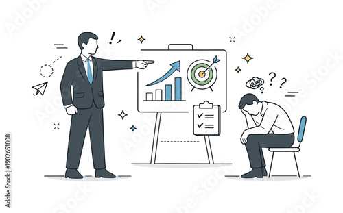 Moral injury from leadership pressure. A manager pointing to a goal or chart while an employee listens with a tense posture. The scene