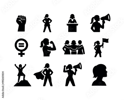 Women Empowerment Icons. Women empowerment. Solid icon set of Women empowerment: raised fist woman, confident woman stance, women leadership, women voice