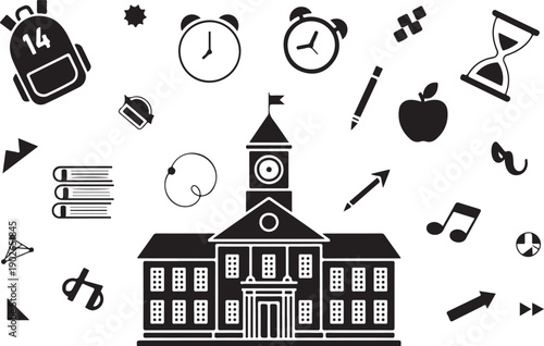 School building with clock tower, backpack, alarm clocks, hourglass, pencil, apple, music notes, arrows, and books representing education and campus life