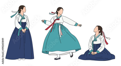 Vector set collections of Korean women wearing colorful hanbok dress with ribbon accessories, presenting cultural tradition, national costume, and Asian heritage in clean flat vector illustration