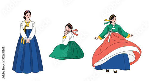 Vector set collections of Korean women wearing colorful hanbok dress with ribbon accessories, presenting cultural tradition, national costume, and Asian heritage in clean flat vector illustration