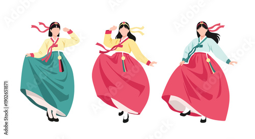 Vector set collections of Korean women wearing colorful hanbok dress with ribbon accessories, presenting cultural tradition, national costume, and Asian heritage in clean flat vector illustration