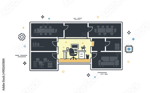 Office still lit after hours. A building floor plan with a single glowing office area and motionless furniture, framed by darkness. Friendly
