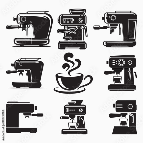 Espresso Machine Icons silhouette: Collection of Coffee Maker Illustrations, Black and White Design
