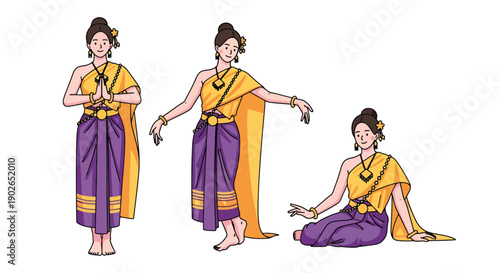 Vector set collections of Thai women wearing traditional silk dress with golden accessories, showing royal elegance, cultural heritage, and Southeast Asian fashion