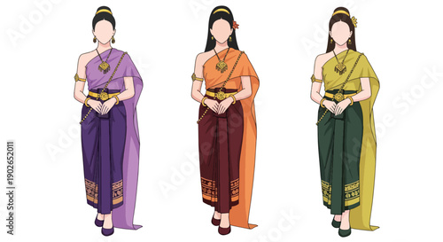 Vector set collections of Thai women wearing traditional silk dress with golden accessories, showing royal elegance, cultural heritage, and Southeast Asian fashion