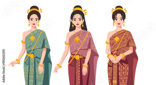 Vector set collections of Thai women wearing traditional silk dress with golden accessories, showing royal elegance, cultural heritage, and Southeast Asian fashion