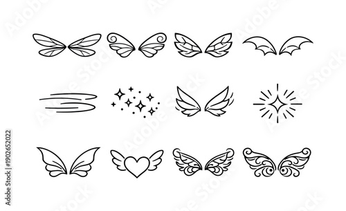 Fantasy Wing Icons. Fantasy Wings. Line icon set of Fantasy Wings: dragonfly fairy wings, spiraled wing tip, translucent texture, energy line detail, wing arc