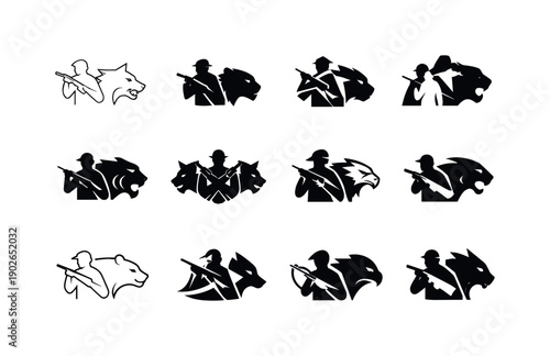 Ruthless hunters. Icon set. Set Logo of ruthless hunters: predatory animal silhouette. harmonious logo variations of the same emblematic