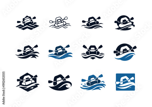 River rafting. Icon set. Set Logo of River rafting: river wave symbol. harmonious logo variations of the same emblematic concept, each with