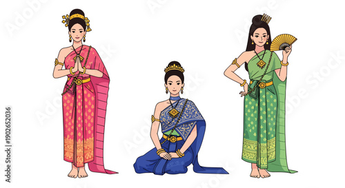 Vector set collections of Thai women wearing traditional silk dress with golden accessories, showing royal elegance, cultural heritage, and Southeast Asian fashion