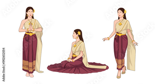 Vector set collections of Thai women wearing traditional silk dress with golden accessories, showing royal elegance, cultural heritage, and Southeast Asian fashion