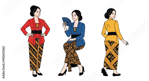 Vector set collections of Indonesian women wearing kebaya blouse and batik skirt, highlighting national costume, cultural identity, and Southeast Asian heritage in modern flat vector style