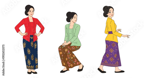 Vector set collections of Indonesian women wearing kebaya blouse and batik skirt, highlighting national costume, cultural identity, and Southeast Asian heritage in modern flat vector style