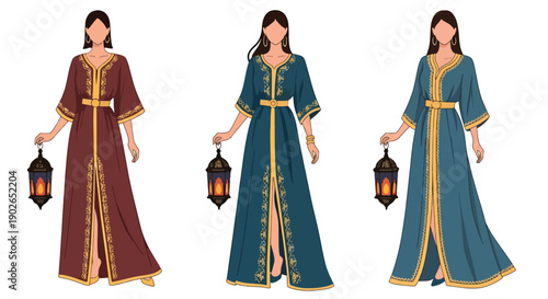Vector set collections of Moroccan women wearing embroidered kaftan with decorative belt, showing Middle Eastern luxury, cultural tradition, and North African fashion