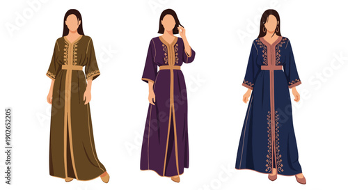 Vector set collections of Moroccan women wearing embroidered kaftan with decorative belt, showing Middle Eastern luxury, cultural tradition, and North African fashion