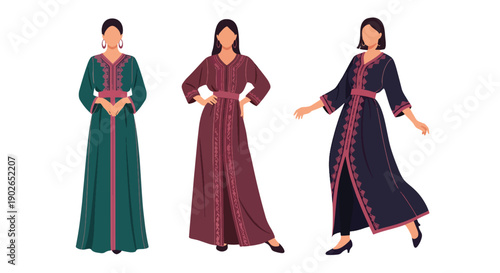 Vector set collections of Moroccan women wearing embroidered kaftan with decorative belt, showing Middle Eastern luxury, cultural tradition, and North African fashion