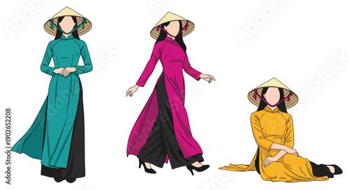 Vector set collections of Vietnamese women wearing áo dài dress with conical hat, representing national elegance, cultural pride, and Southeast Asian heritage in flat vector illustration