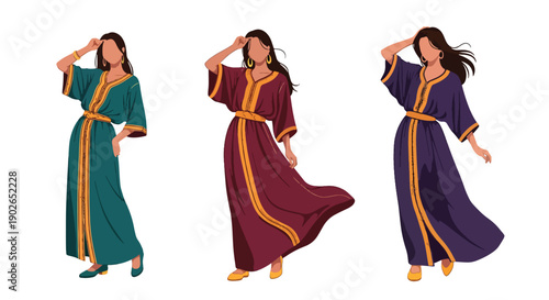Vector set collections of Moroccan women wearing embroidered kaftan with decorative belt, showing Middle Eastern luxury, cultural tradition, and North African fashion