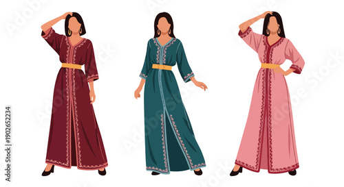 Vector set collections of Moroccan women wearing embroidered kaftan with decorative belt, showing Middle Eastern luxury, cultural tradition, and North African fashion